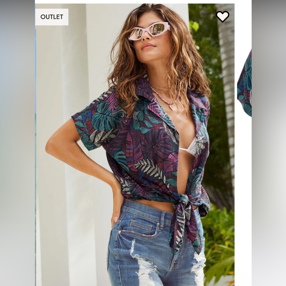VENUS Teal and Purple Tropical Print Coverup Shirt, size L